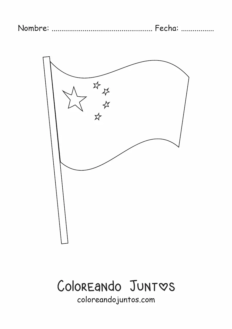 Imagen para colorear de la bandera de China ondeando en un asta