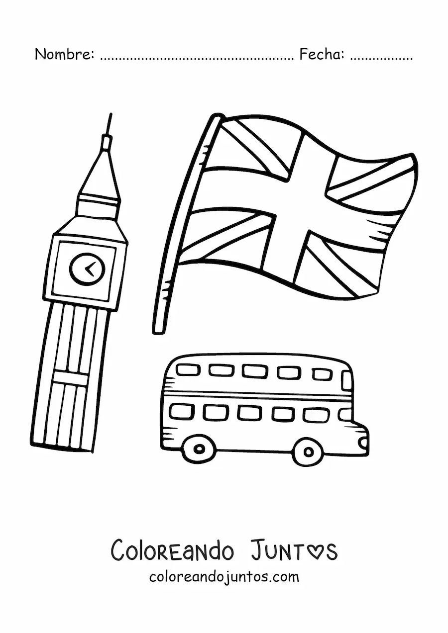 Imagen para colorear de la bandera del Reino Unido con el Big Ben y un autobús de dos pisos