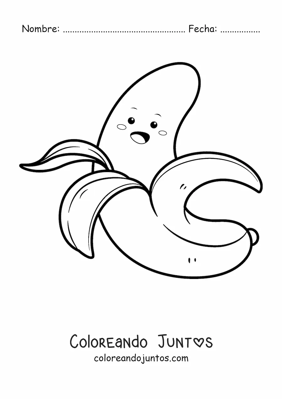 Imagen para colorear de una banana animada kawaii con la cáscara abierta