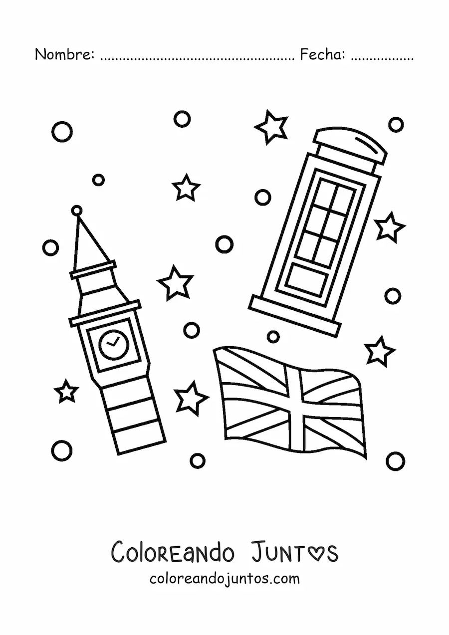 Imagen para colorear de la bandera del Reino Unido con el Big Ben y una cabina telefónica