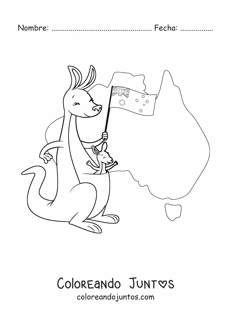 Imagen para colorear de dos canguros kawaii con la bandera de Australia y mapa de fondo