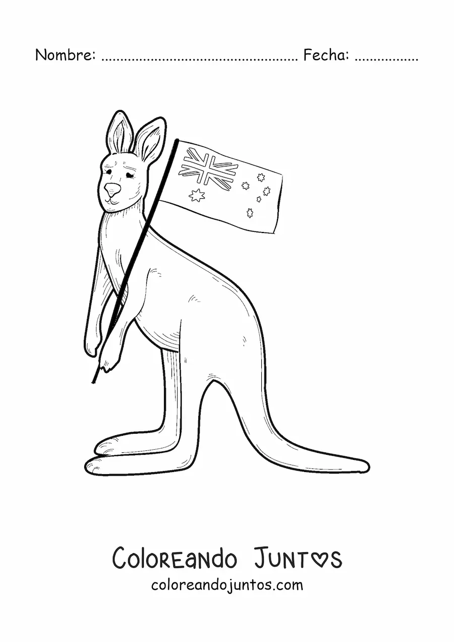 Imagen para colorear de un canguro con la bandera de Australia