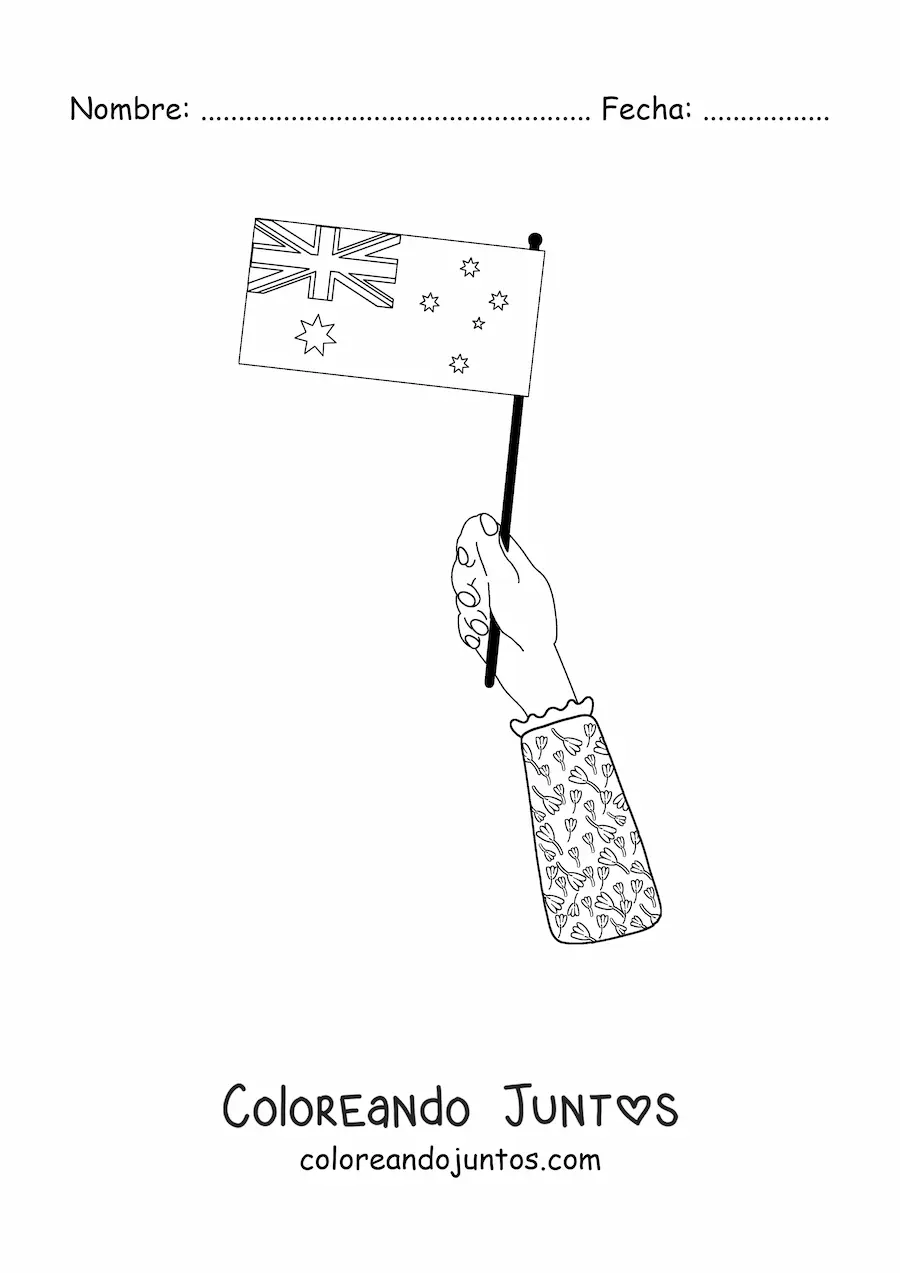 Imagen para colorear de una mano sosteniendo la bandera de Australia