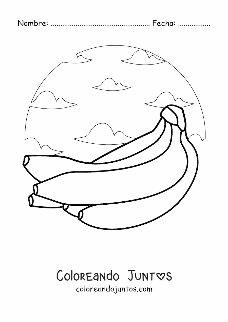 Imagen para colorear de un racimo de bananas con el cielo en el fondo