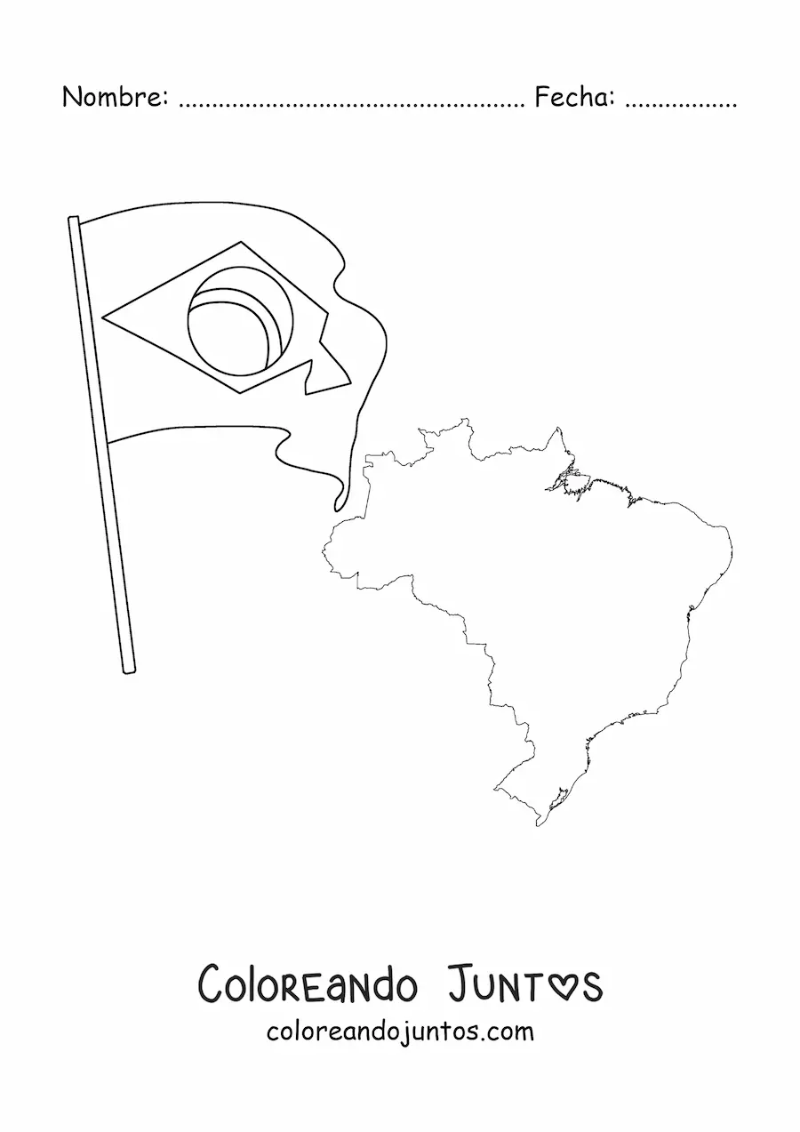 Imagen para colorear de la bandera de Brasil junto a un mapa