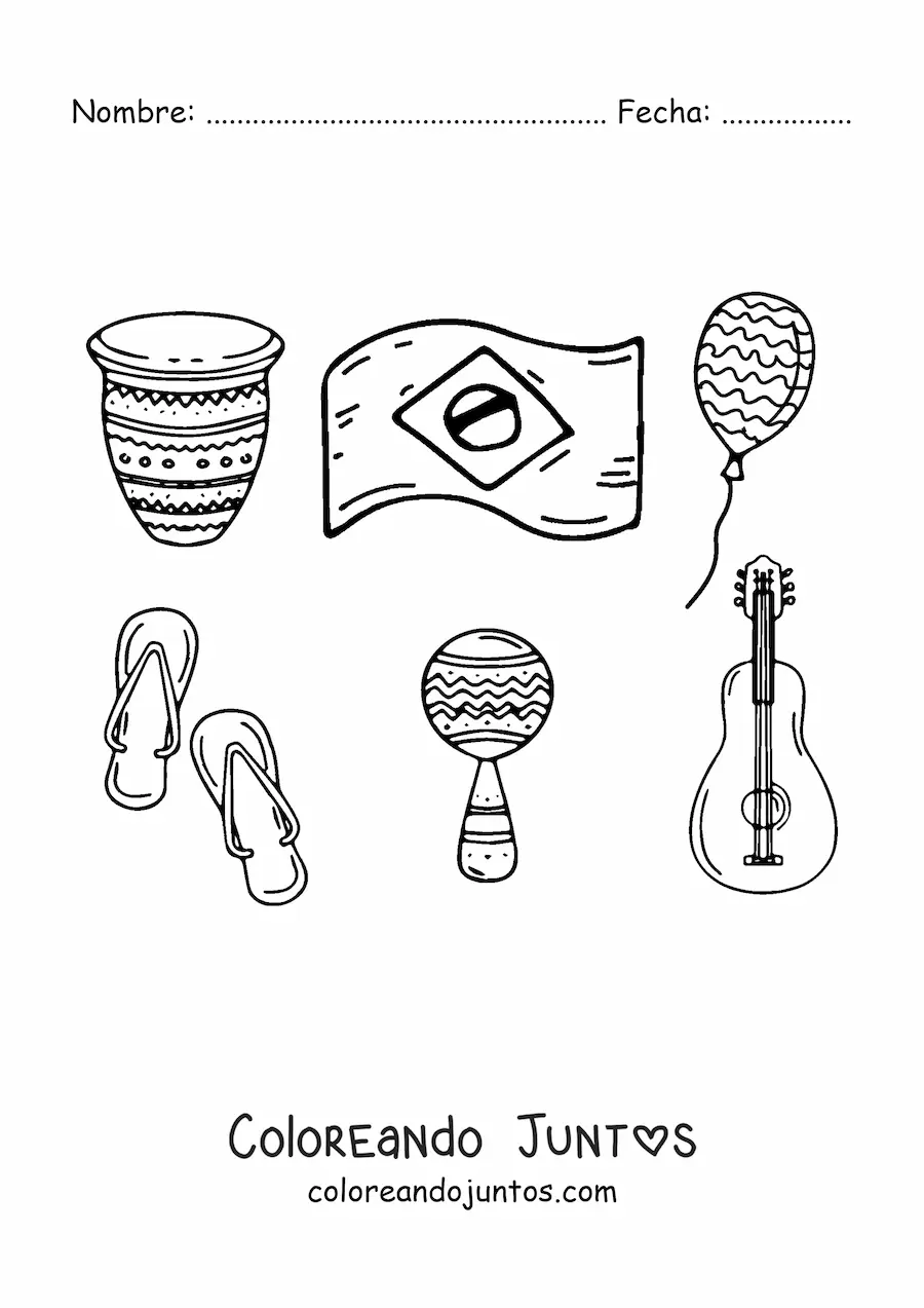 Imagen para colorear de la bandera de Brasil, un tambor, una maraca, un instrumento y una sandalia