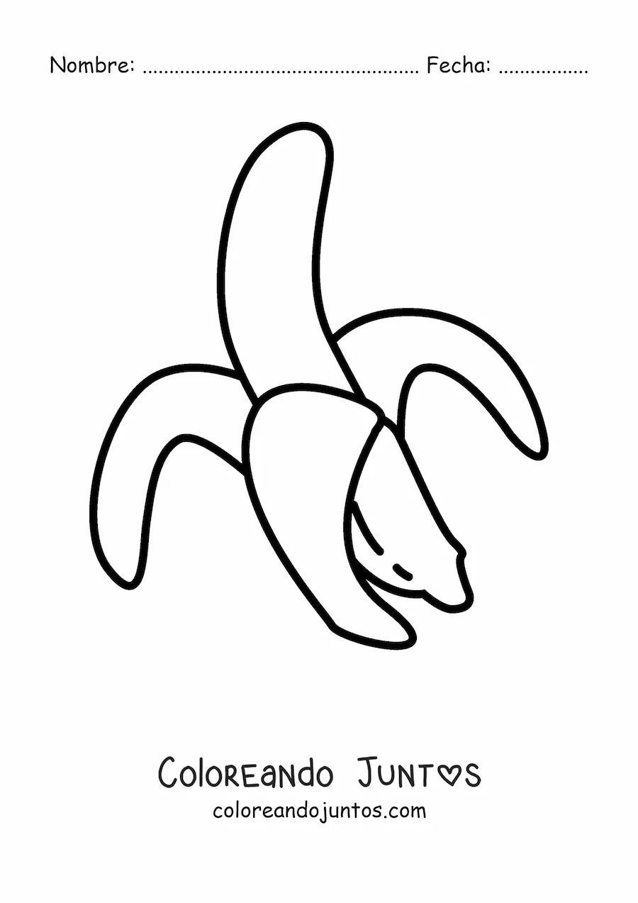 Imagen para colorear de una banana con media cáscara inclinada hacia la izquierda
