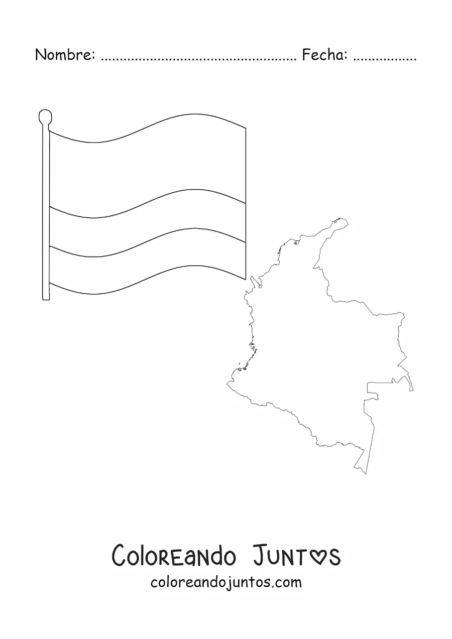 Imagen para colorear de la bandera de Colombia junto a un mapa