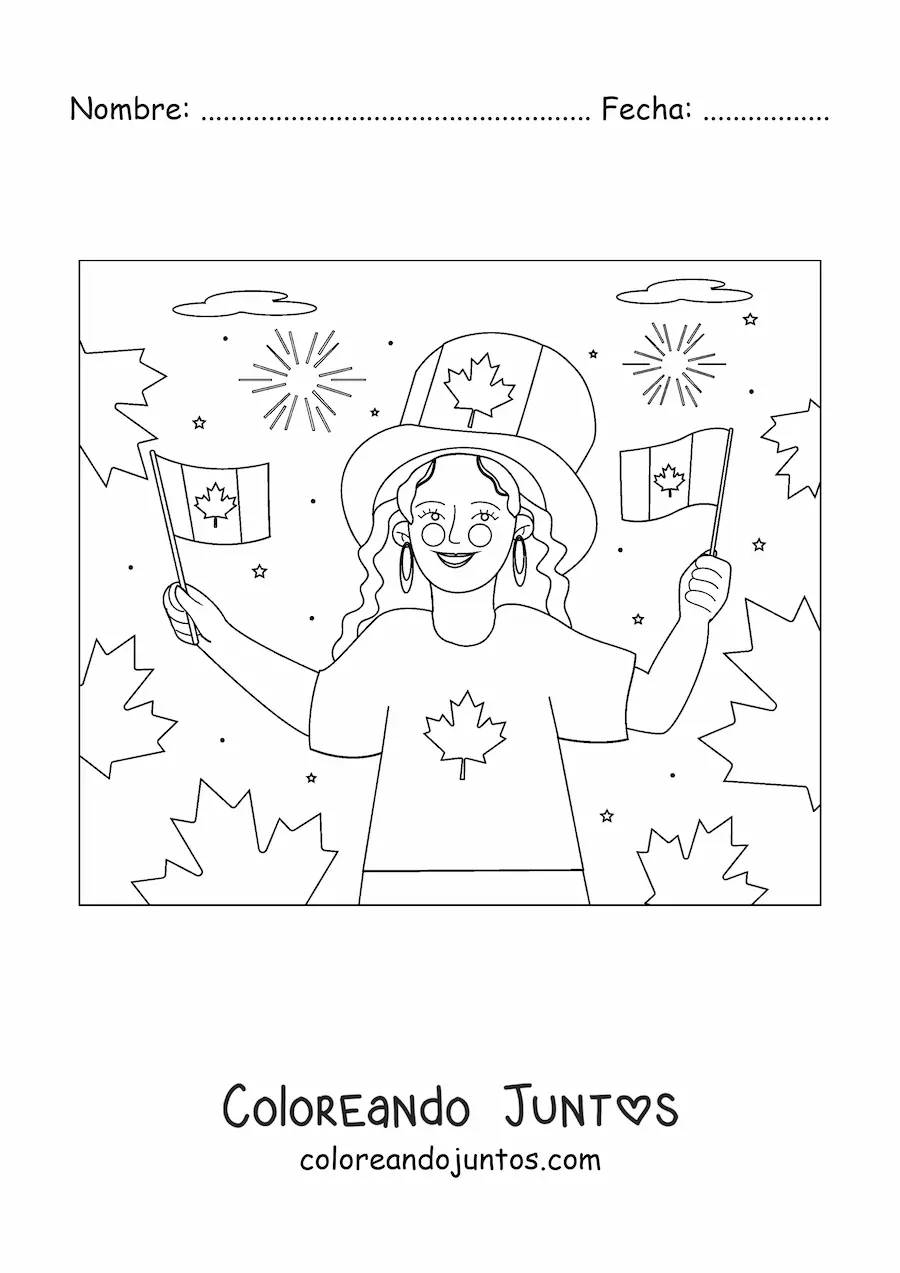 Imagen para colorear de una chica sosteniendo la bandera de Canadá y sombrero