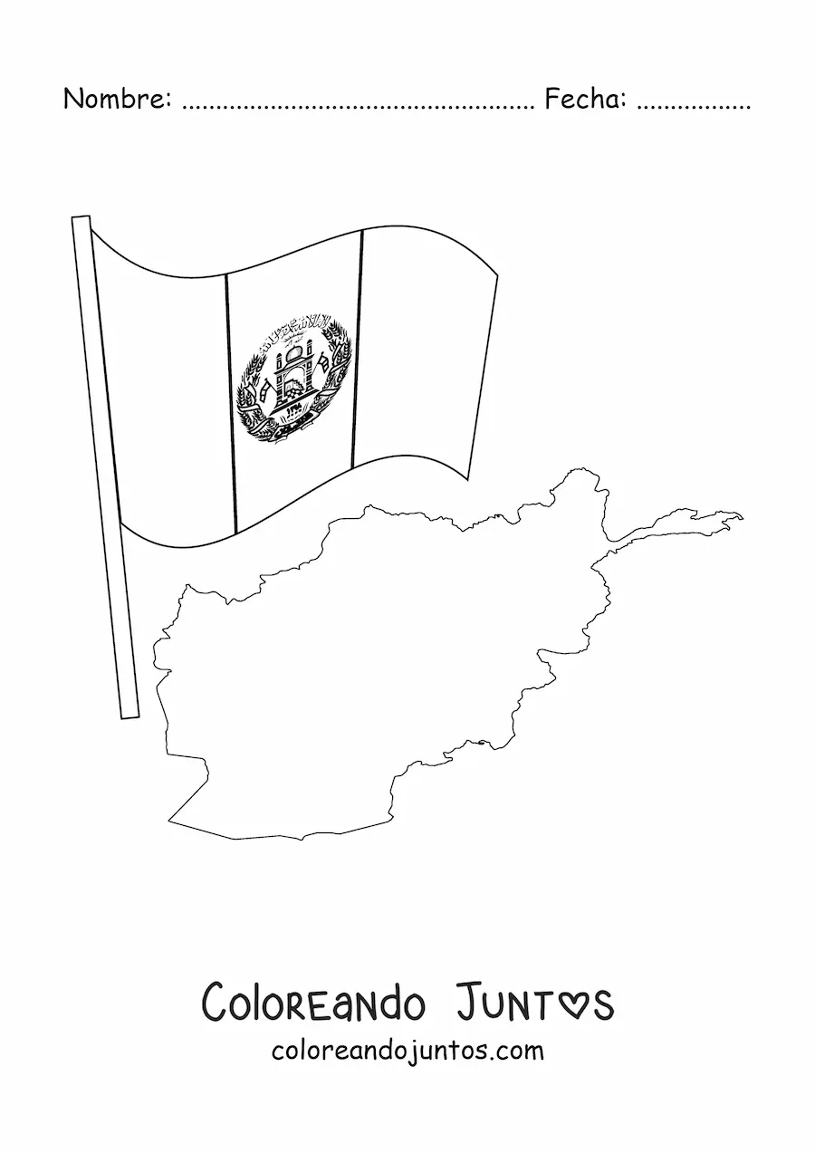Imagen para colorear de la bandera de Afganistán junto a un mapa