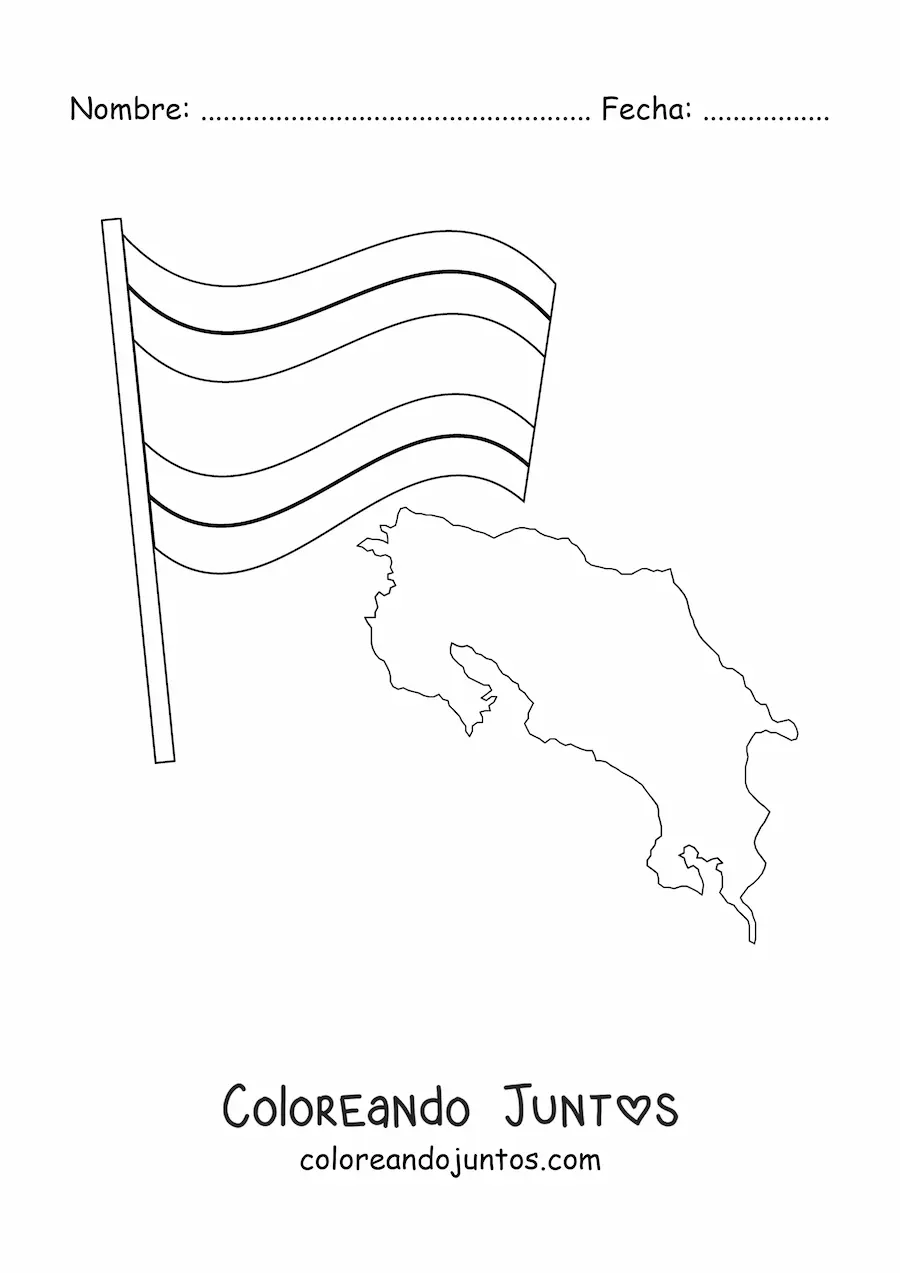 Imagen para colorear de la bandera de Costa Rica junto a un mapa