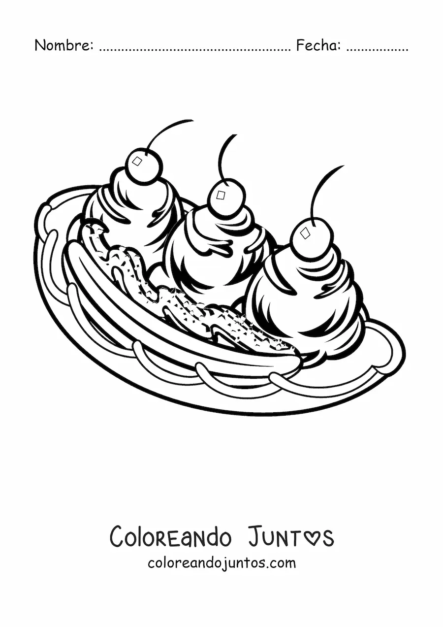 Imagen para colorear de un helado banana split