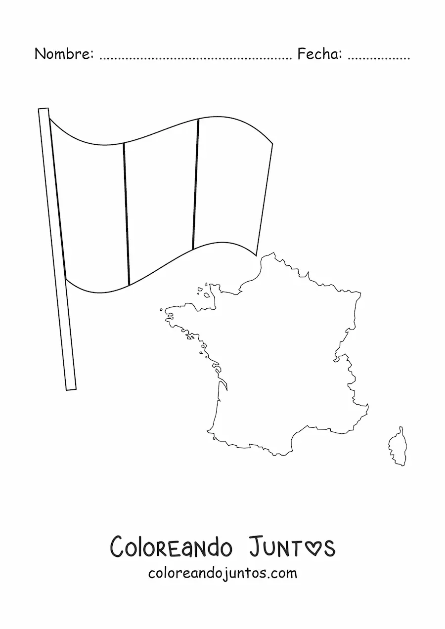 Imagen para colorear de la bandera de Francia junto a un mapa