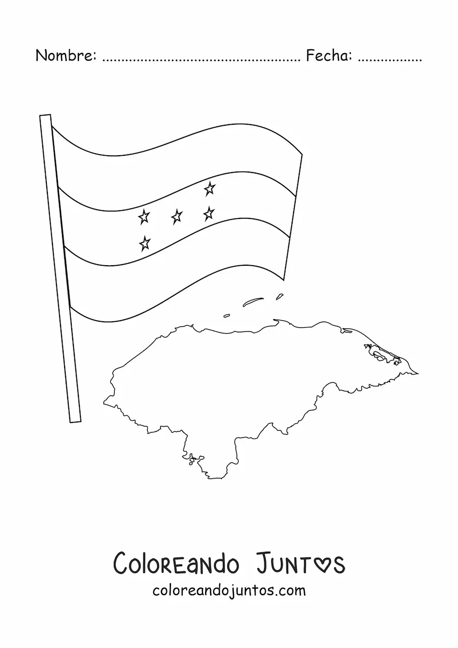 Imagen para colorear de la bandera de Honduras junto a un mapa