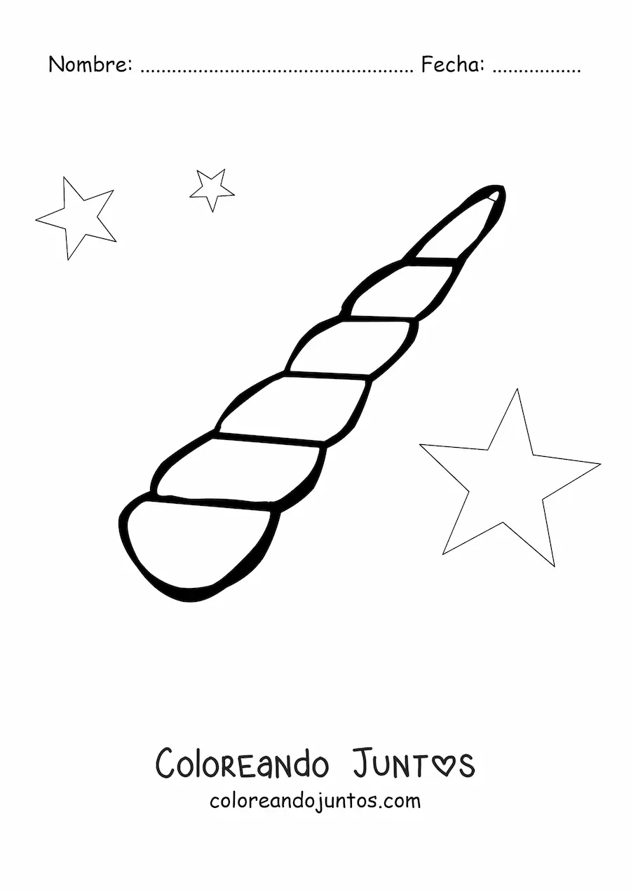 Imagen para colorear del cuerno de un unicornio con estrellas de fondo