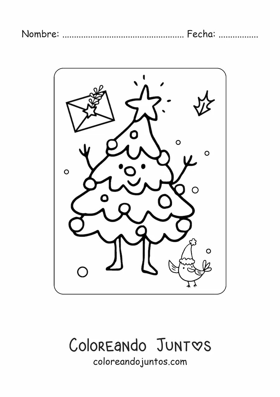 Imagen para colorear de un árbol de Navidad kawaii animado con estrella