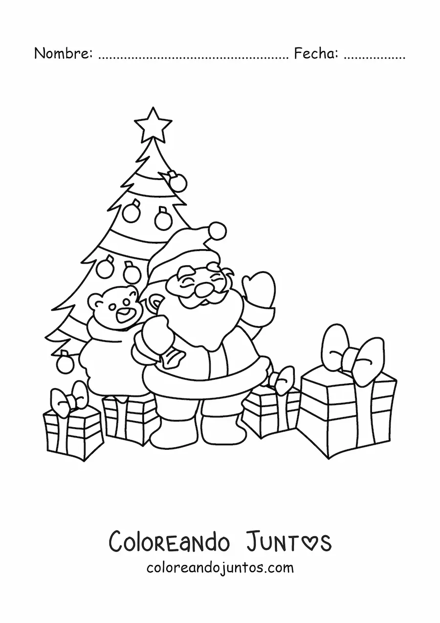 Imagen para colorear de Santa Claus con árbol navideño con regalos