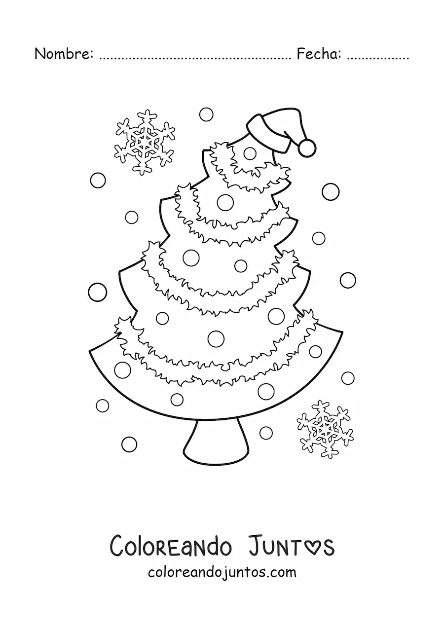 Imagen para colorear de un árbol de Navidad con gorro navideño y copos de nieve alrededor