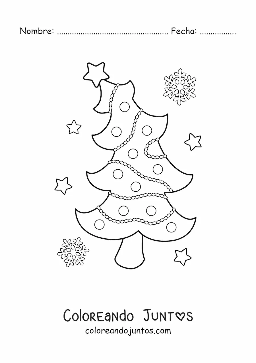 Imagen para colorear de un árbol de Navidad con estrellas y copos de nieve en el fondo