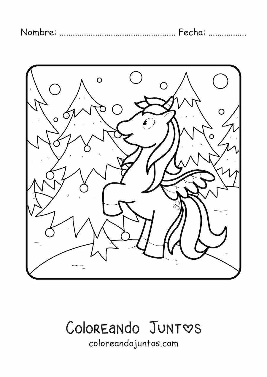 Imagen para colorear de un unicornio animado junto a un árbol de Navidad