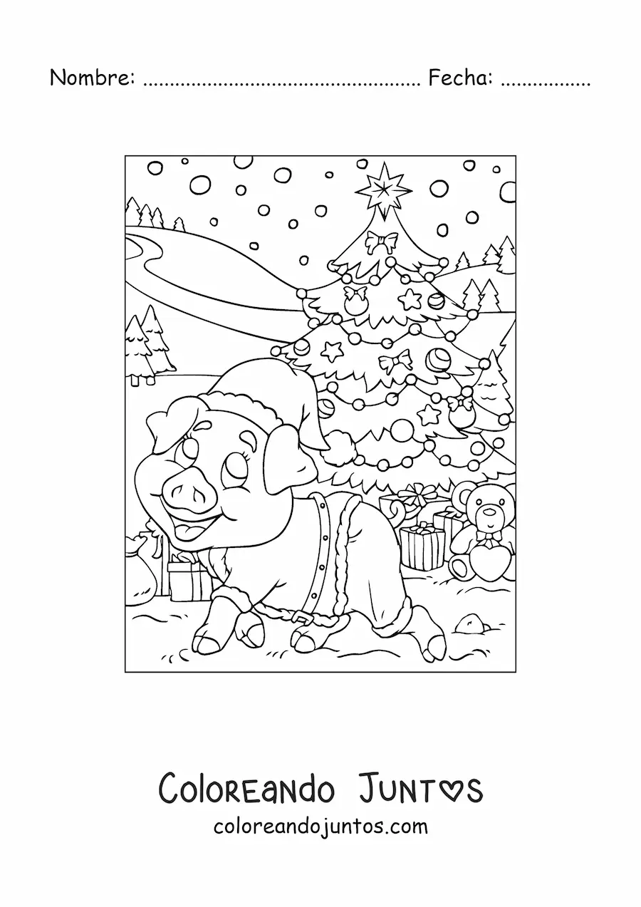 Imagen para colorear de un cerdo animado vestido de Santa con árbol de Navidad con regalos