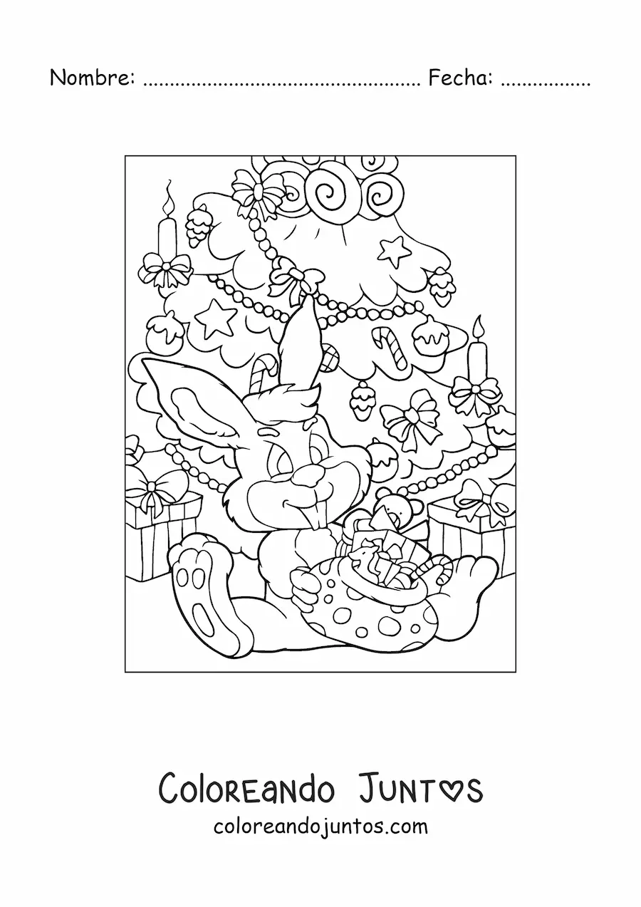 Imagen para colorear de un conejo animado abriendo regalos junto al árbol de Navidad