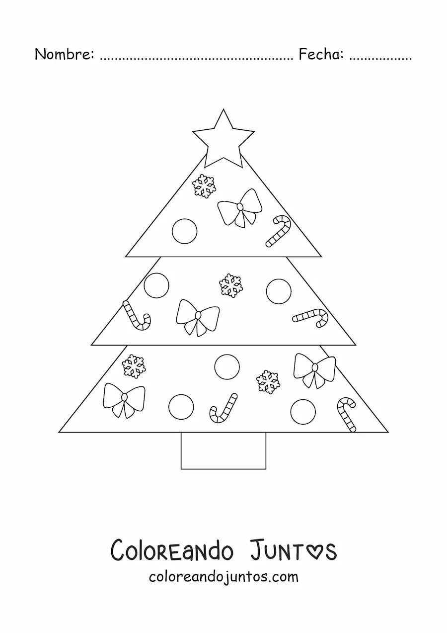 Imagen para colorear de un árbol navideño con forma de triángulos decorado con bastones de caramelo
