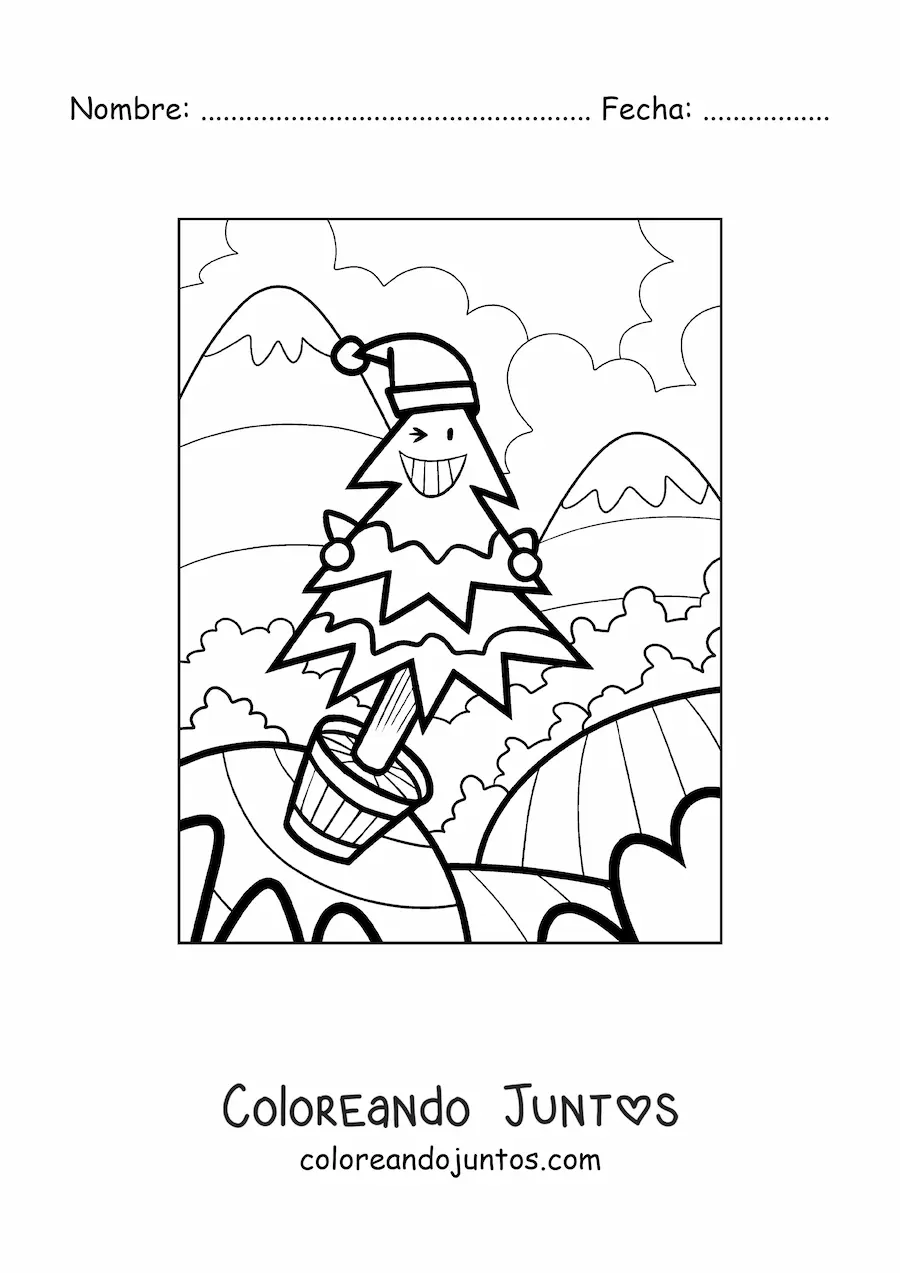 Imagen para colorear de caricatura de un árbol navideño animado en una maceta