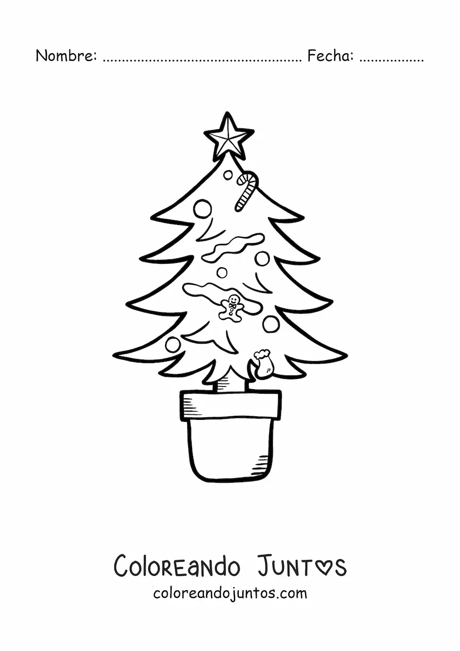 Imagen para colorear de un árbol navideño con adornos en una maceta
