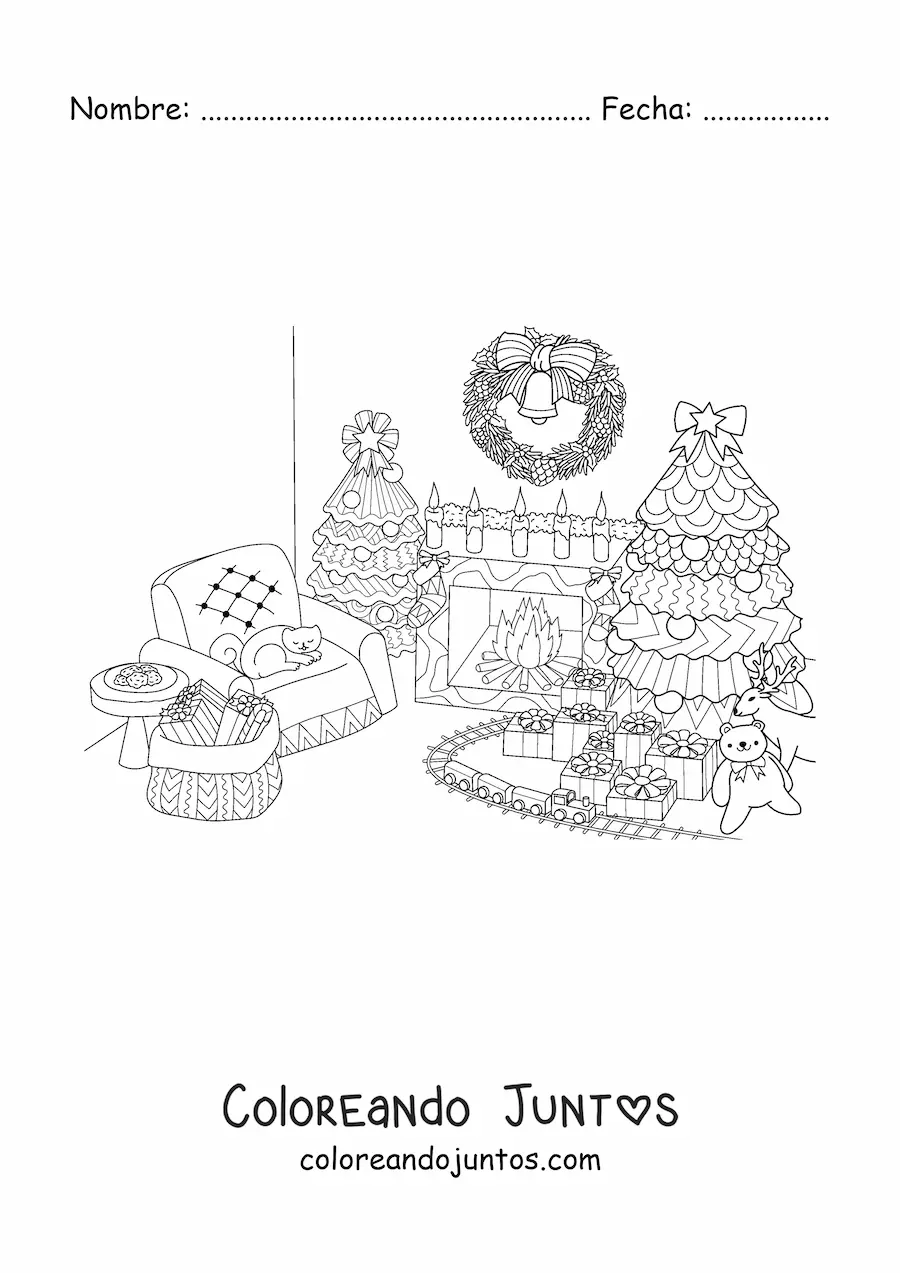 Imagen para colorear de un árbol navideño en salón decorado con regalos y juguetes debajo
