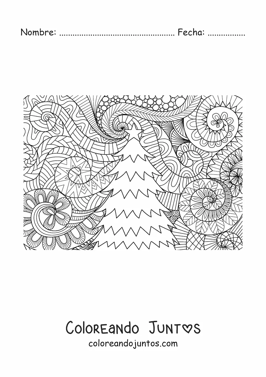 Imagen para colorear de un arbolito de Navidad con fondo estilo zentangle