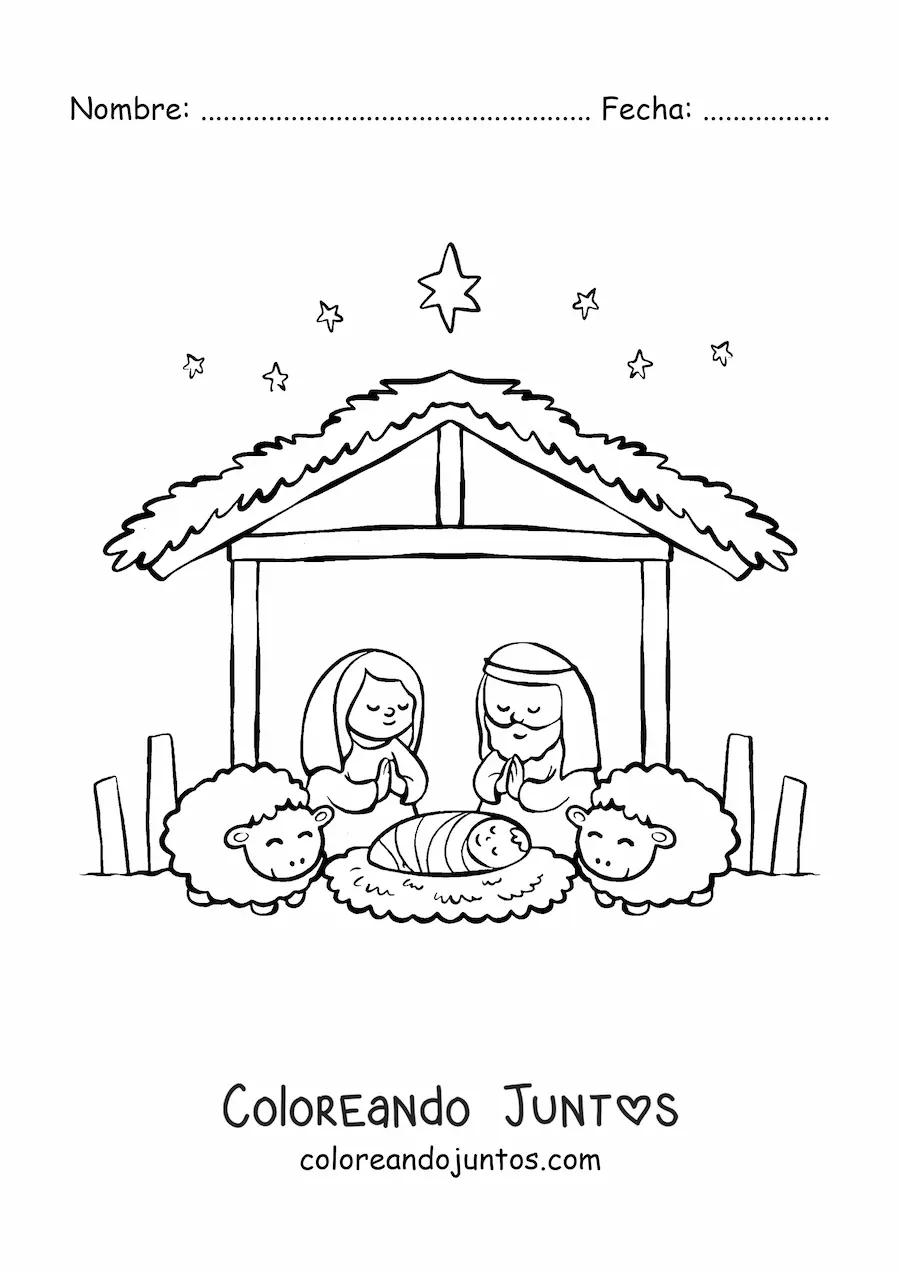 Imagen para colorear de un Belén navideño con ovejas