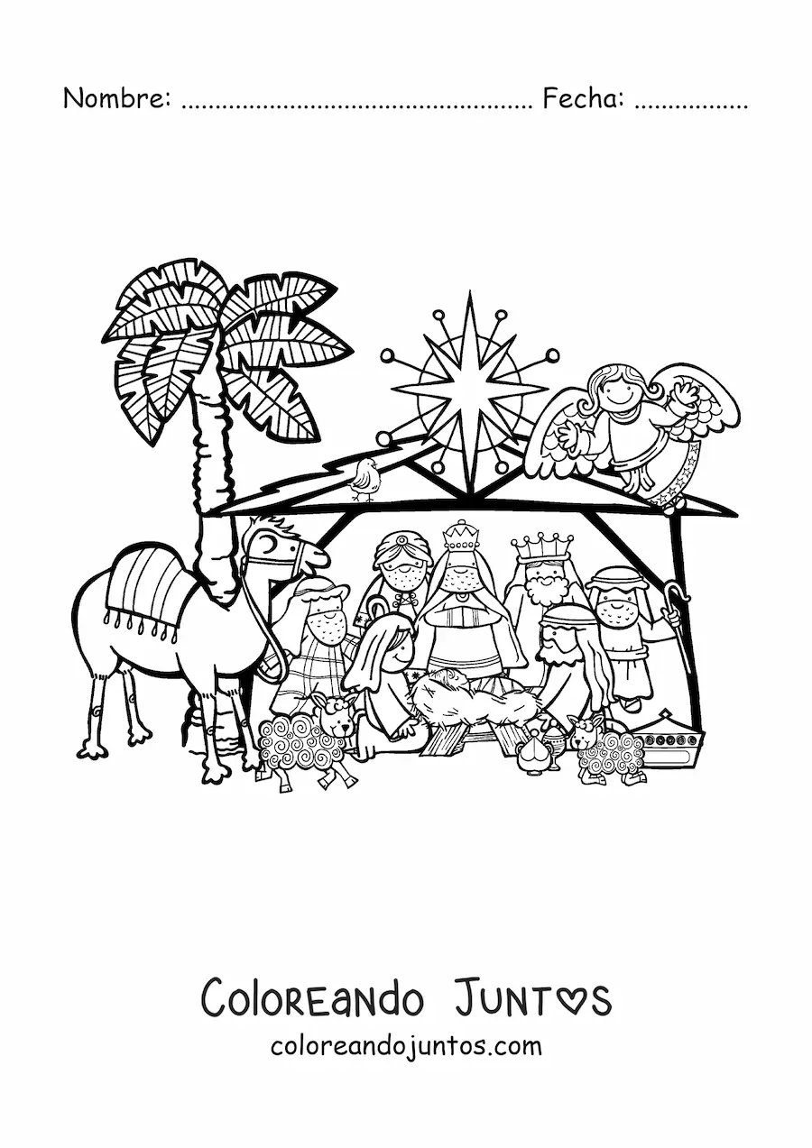 Imagen para colorear de un pesebre de Navidad con camello, ovejas, los Reyes Magos y el ángel Gabriel