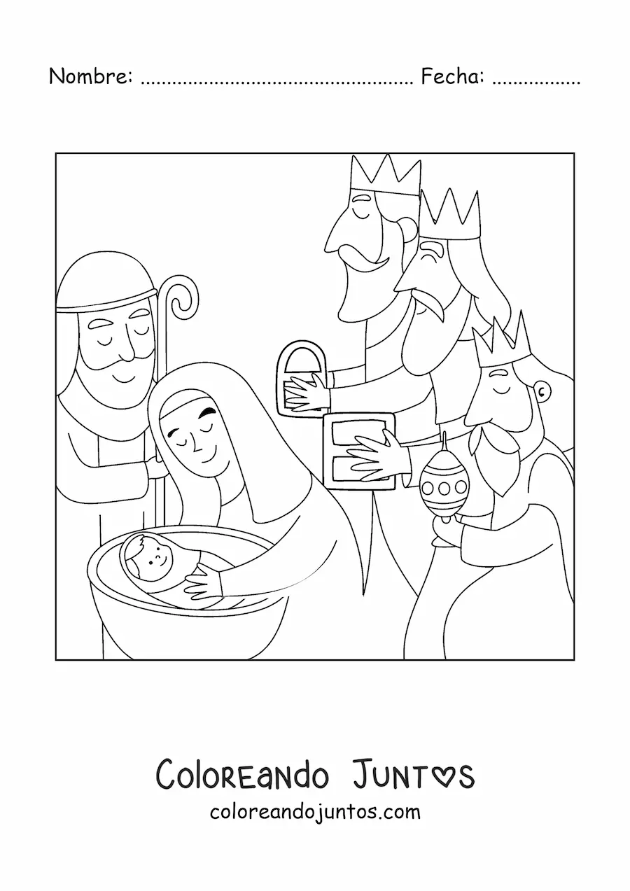 Imagen para colorear de un nacimiento con los Reyes Magos