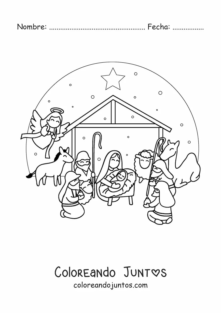 Imagen para colorear de un pesebre navideño con camello, oveja, los Reyes Magos y el ángel Gabriel
