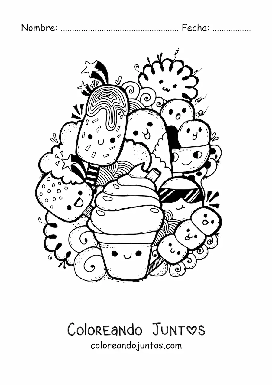 Imagen para colorear de varios helados animados kawaii