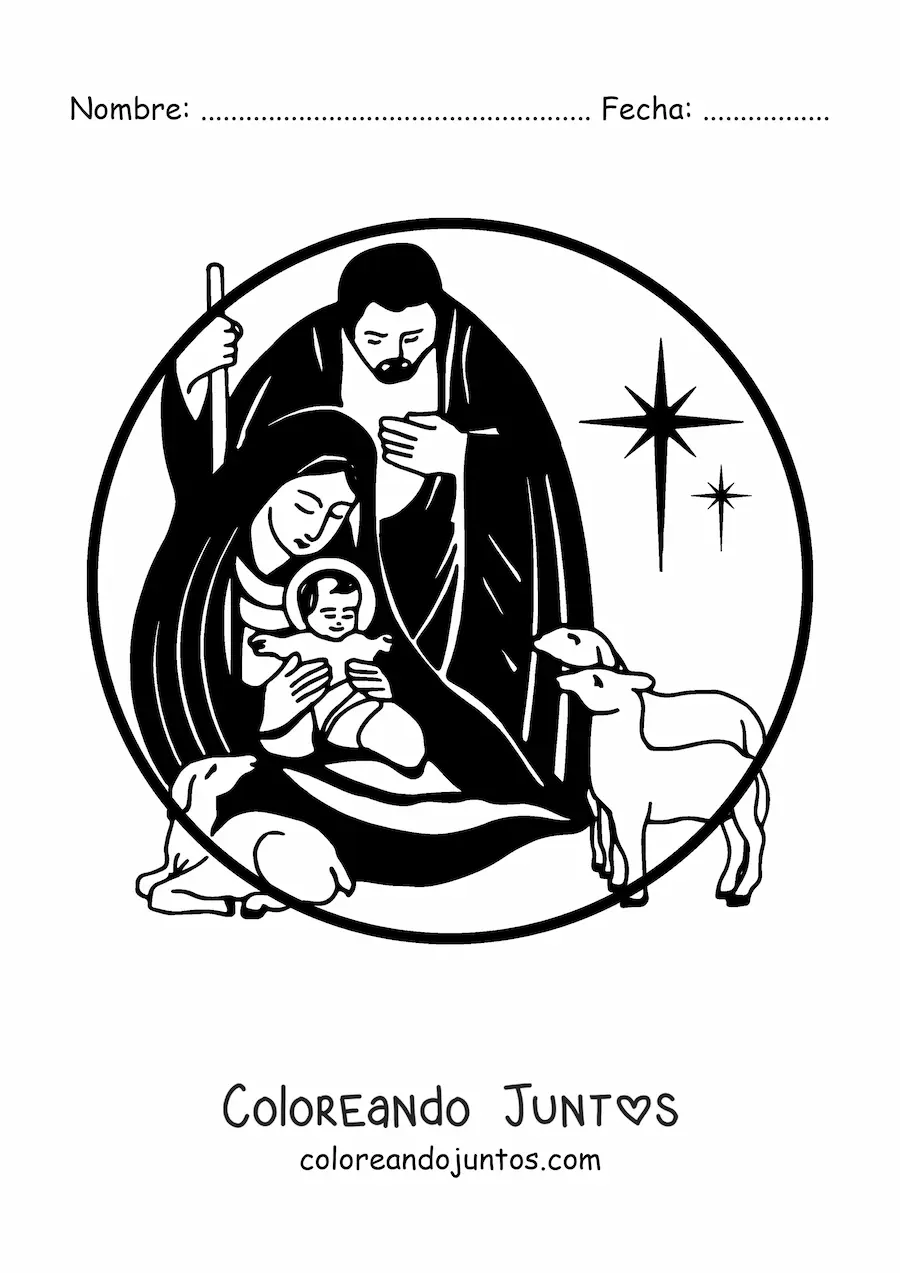 Imagen para colorear de María, José y Jesús con animales