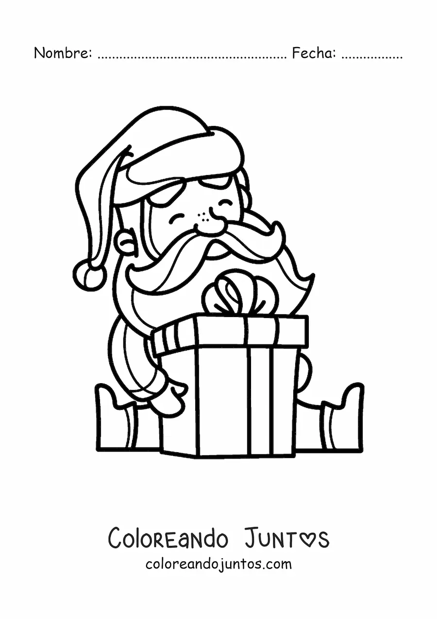 Imagen para colorear de Santa Claus kawaii sentado con regalo