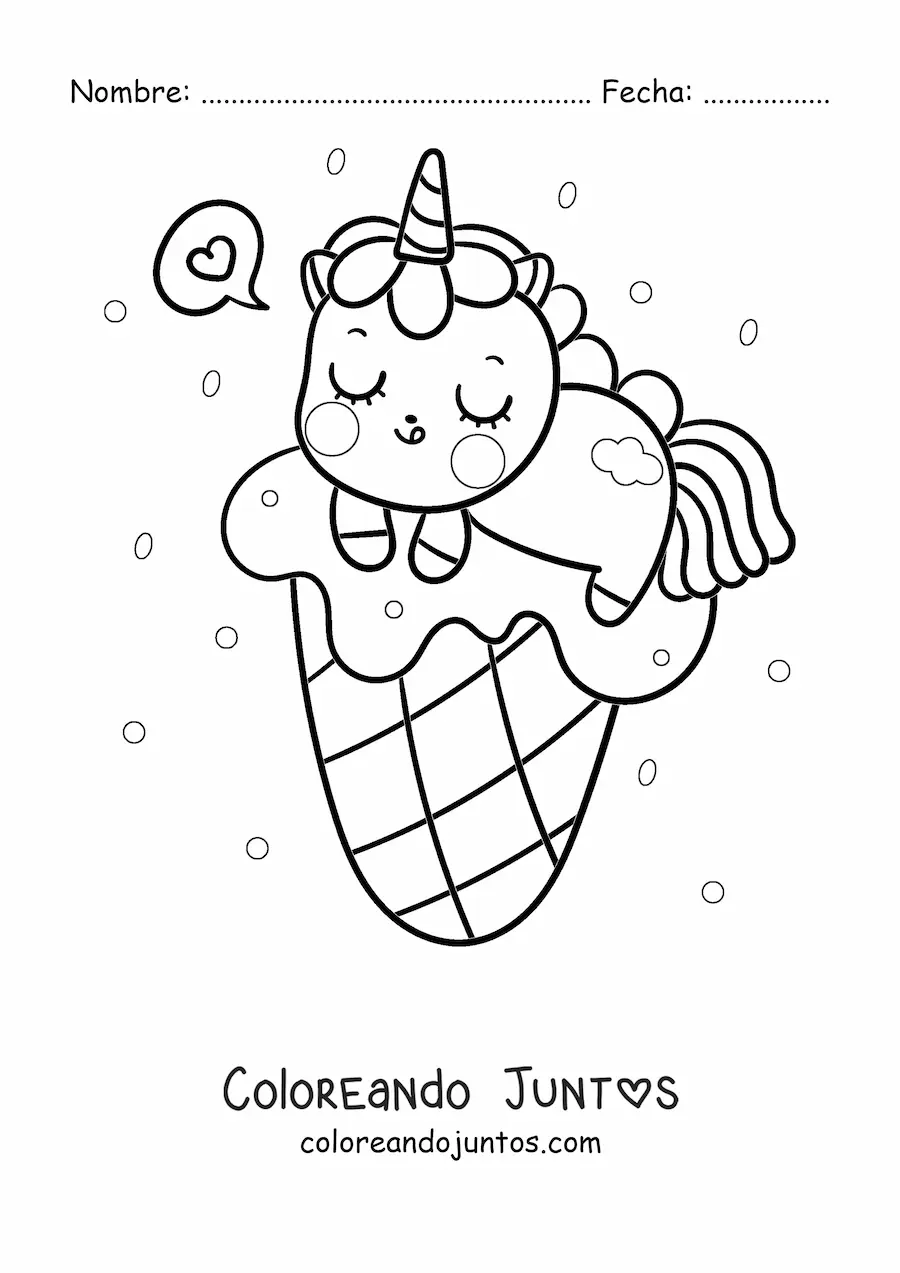 Imagen para colorear de un unicornio kawaii sobre un helado de barquilla
