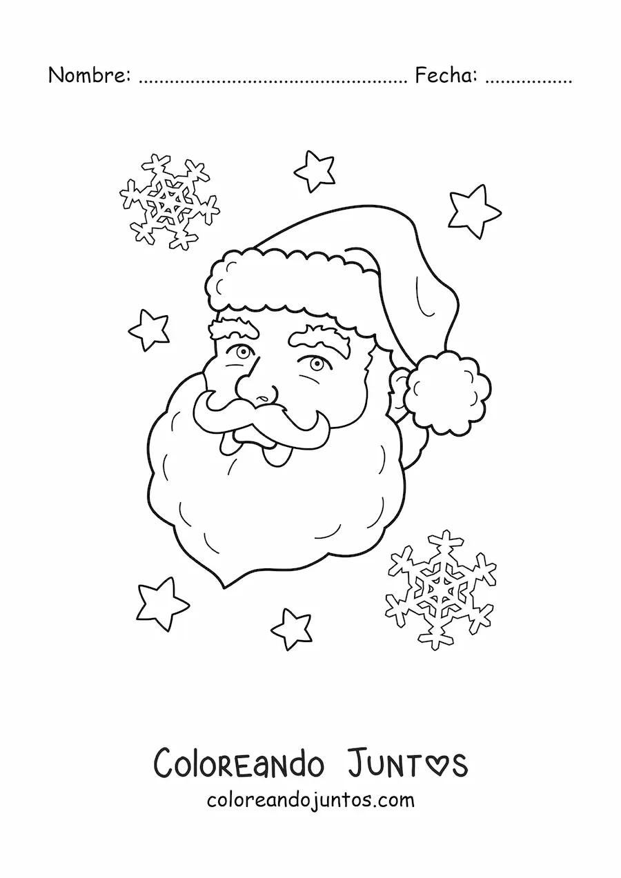 Imagen para colorear de la cara de Santa Claus sonriendo y copos de nieve de fondo