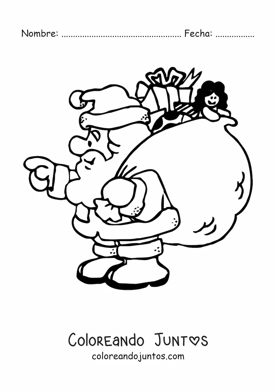 Imagen para colorear de caricatura de Santa Claus con regalos