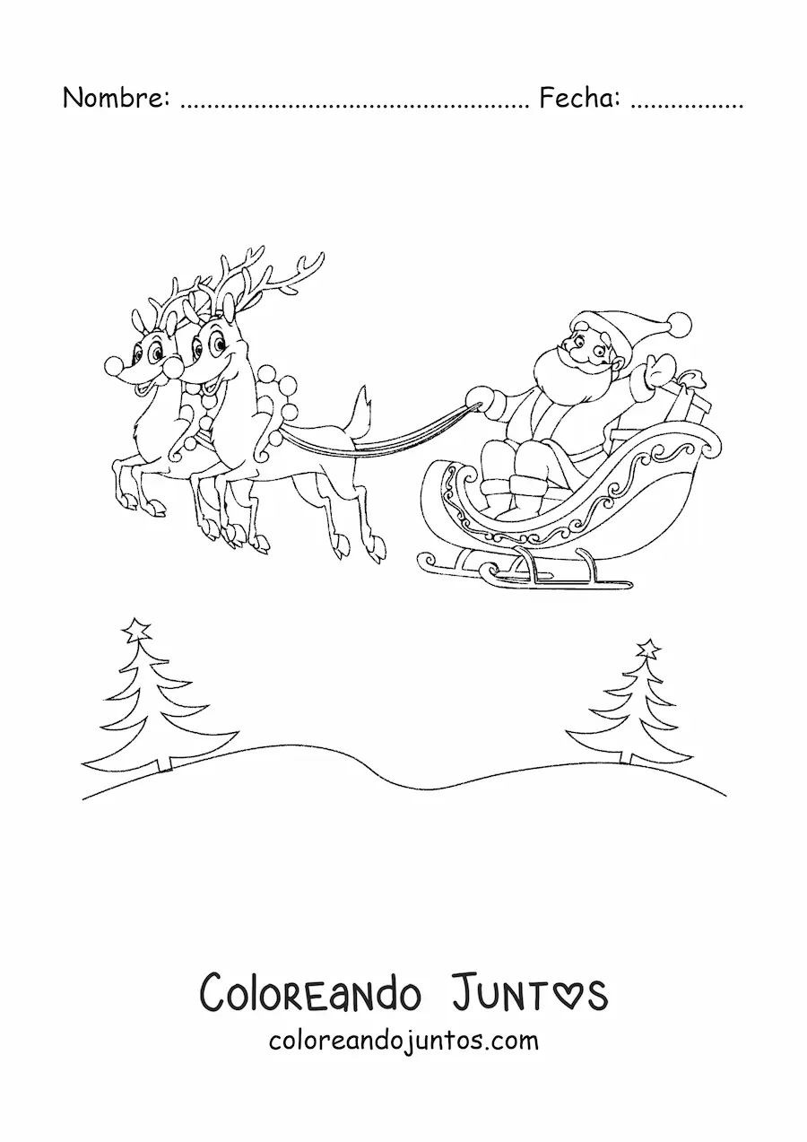 Imagen para colorear de Santa Claus volando en trineo con renos
