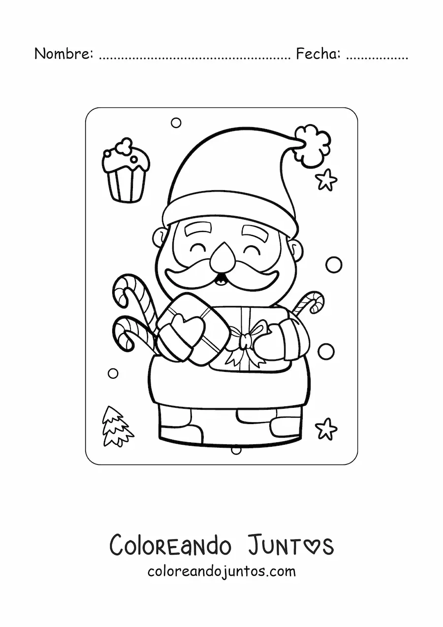 Imagen para colorear de Santa Claus kawaii entrando en una chimenea con regalos