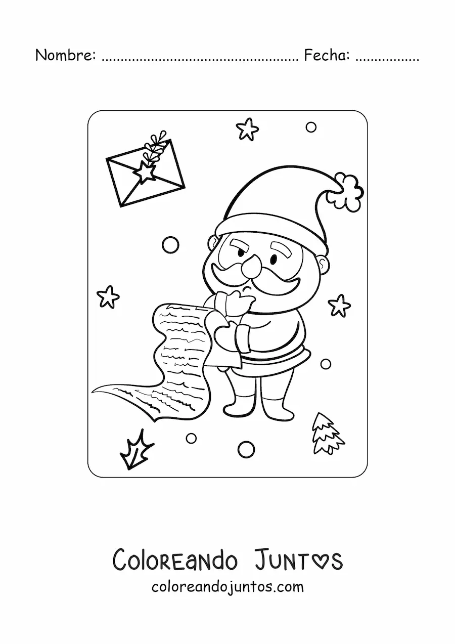 Imagen para colorear de Santa Claus kawaii revisando la lista de niños buenos