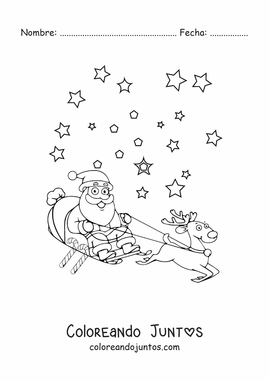 Imagen para colorear de Santa Claus animado en trineo con reno
