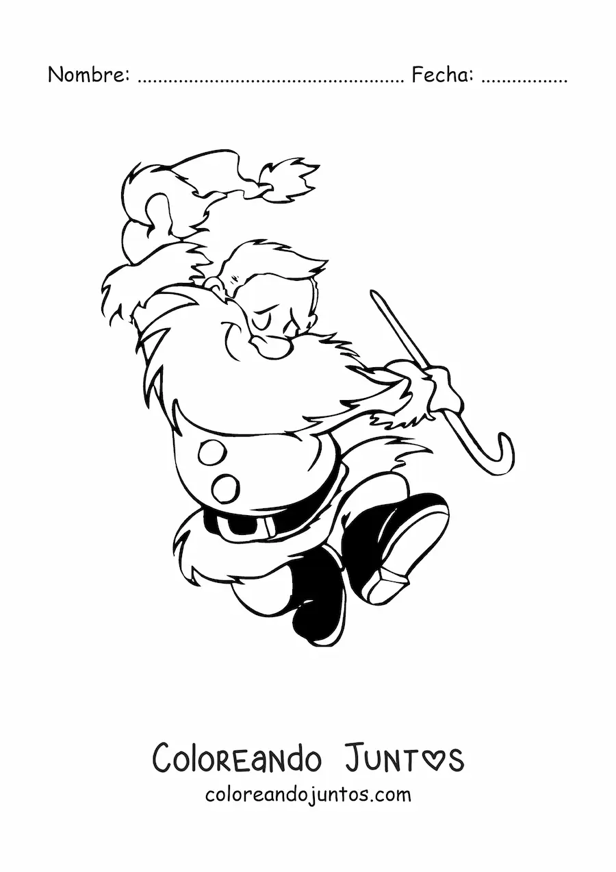 Imagen para colorear de Papá Noel sujetando su gorro y un bastón mientras salta