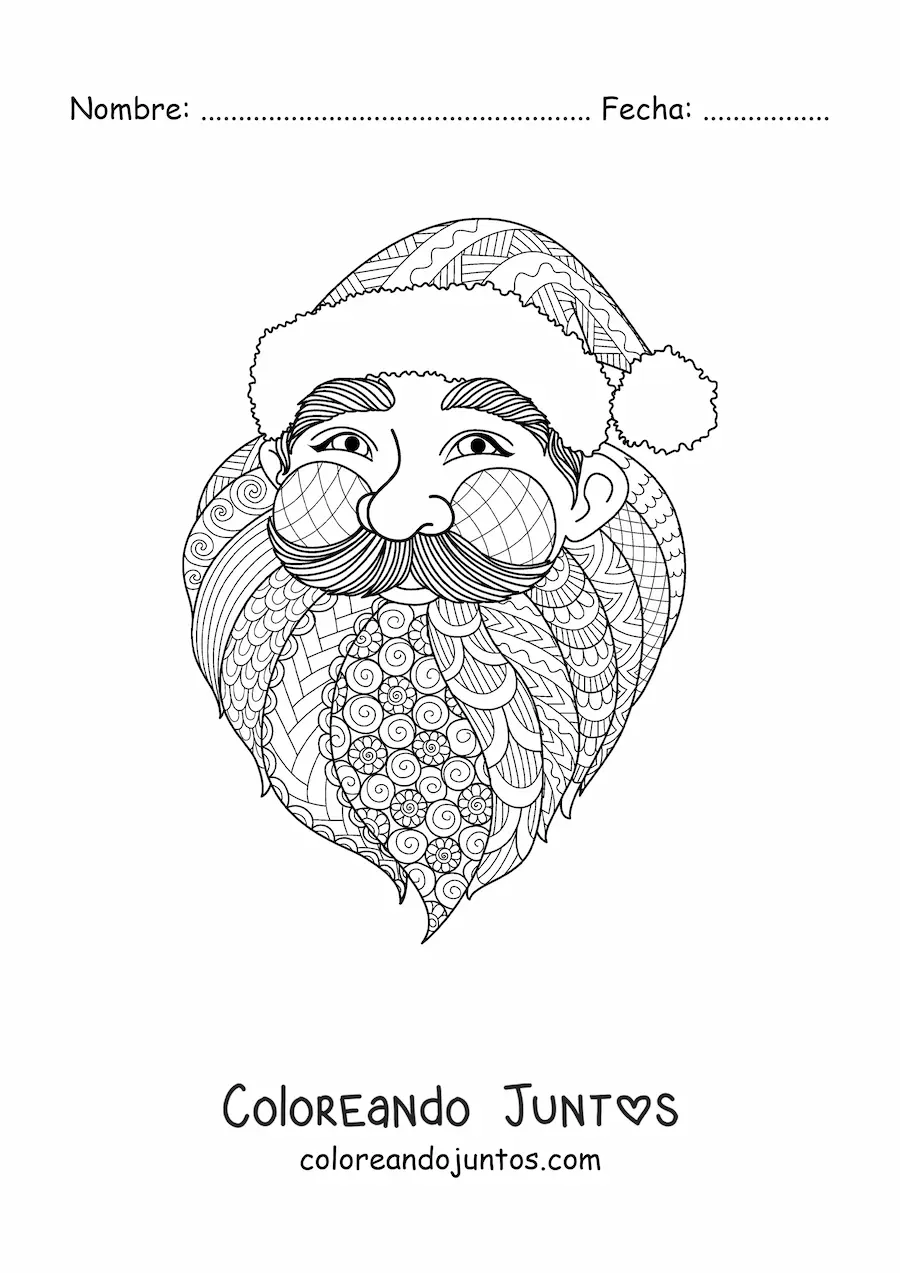 Imagen para colorear de cara de Papá Noel estilo zentangle