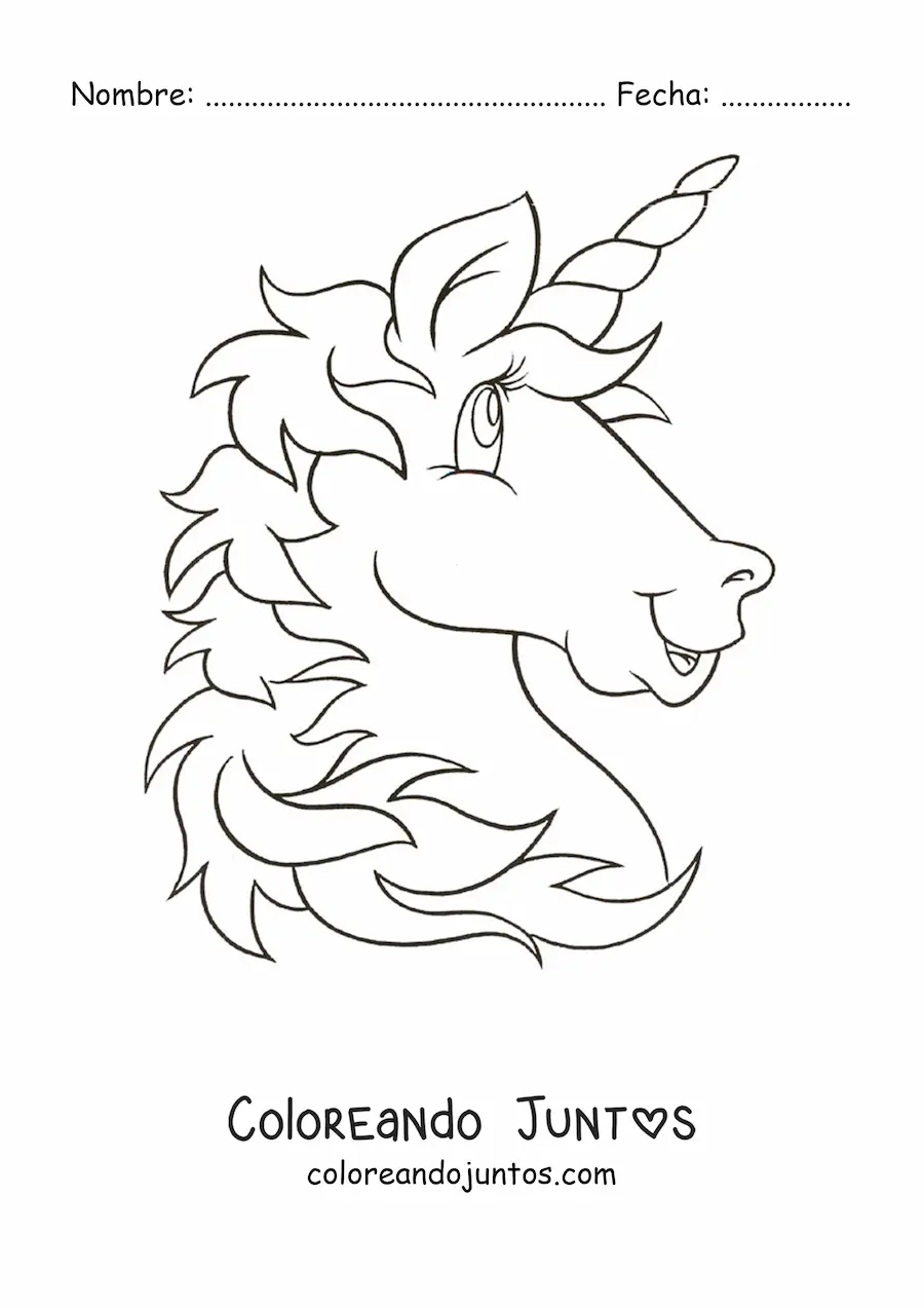 Imagen para colorear de la cabeza de un unicornio animado