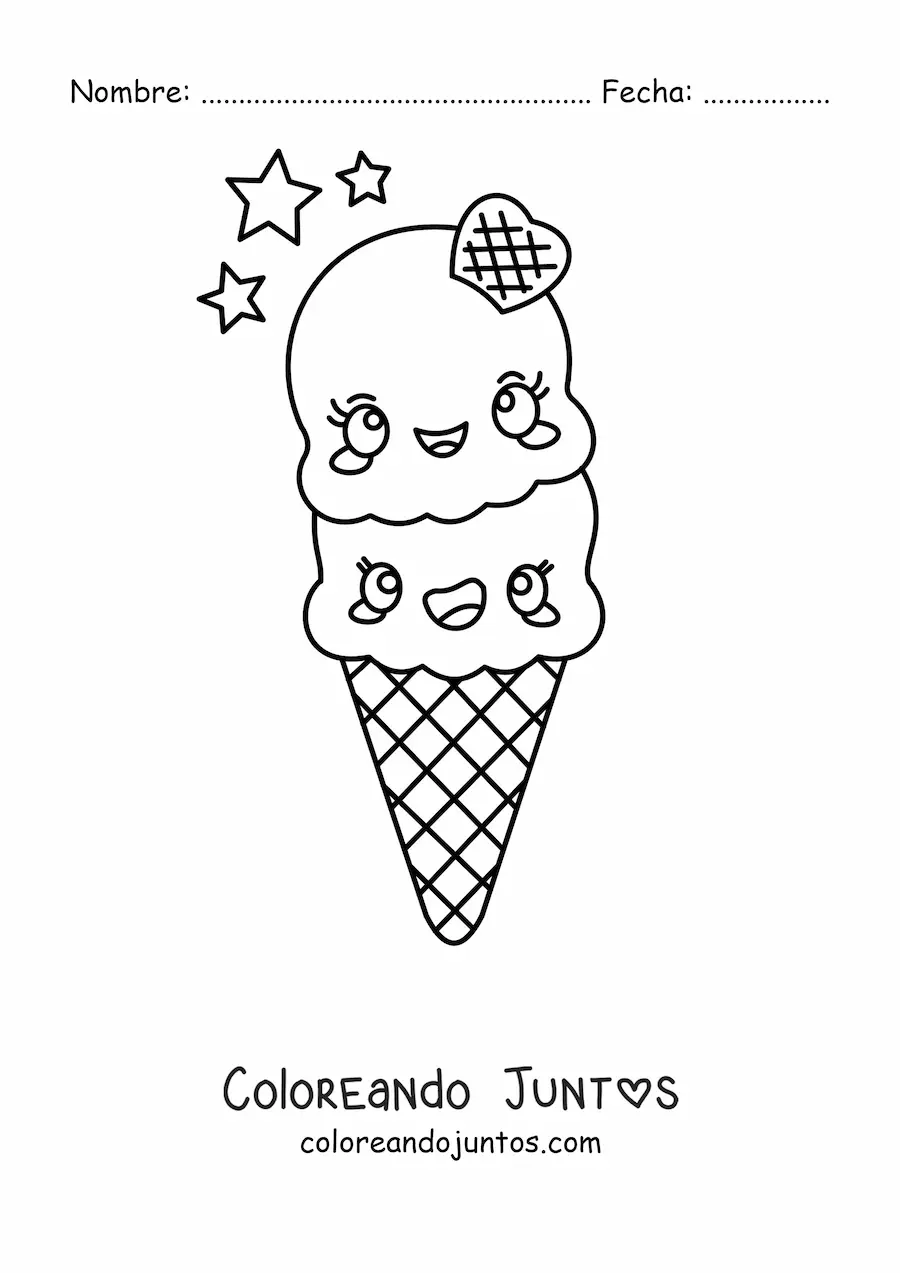Imagen para colorear de un cono de helado de dos sabores kawaii con estrellas