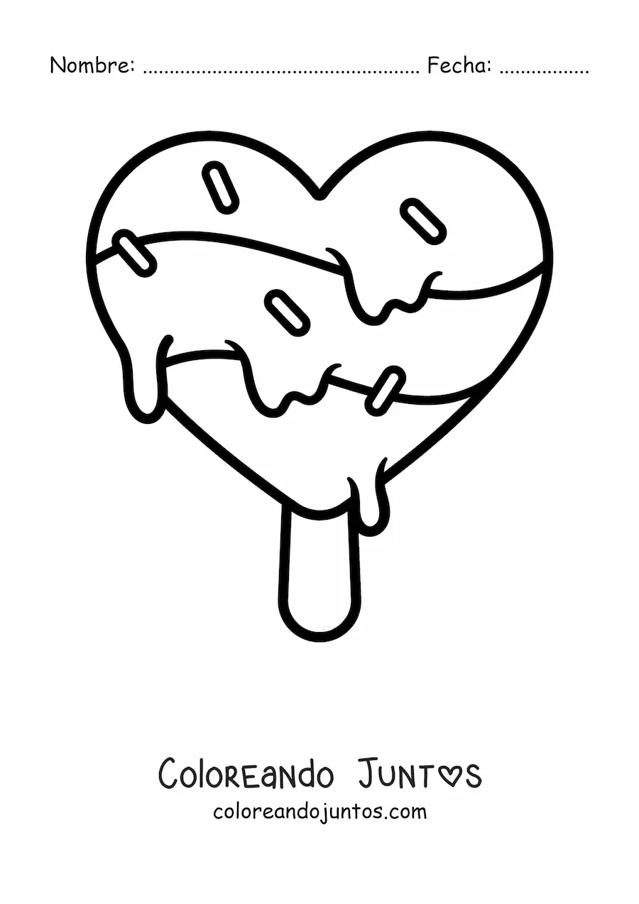 Imagen para colorear de una paleta de helado con forma de corazón derritiéndose